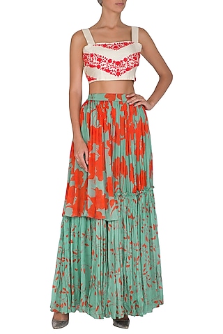 Sea Green Printed Skirt With Embroidered Crop Top by Suave by Neha & Shreya