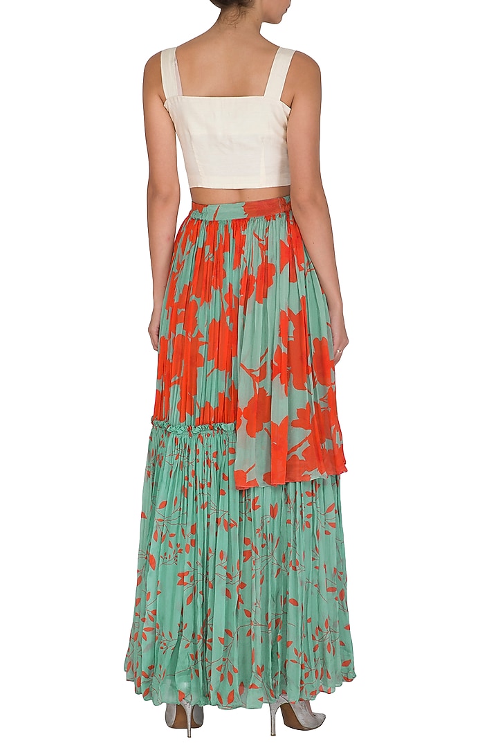 Sea Green Printed Skirt With Embroidered Crop Top by Suave by Neha & Shreya at Pernia's Pop Up Shop