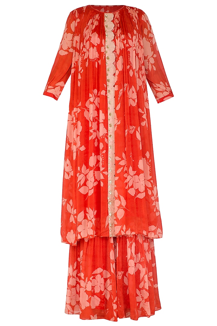 Red Embroidered & Printed Pleated Kurta With Sharara Pants by Suave by Neha & Shreya