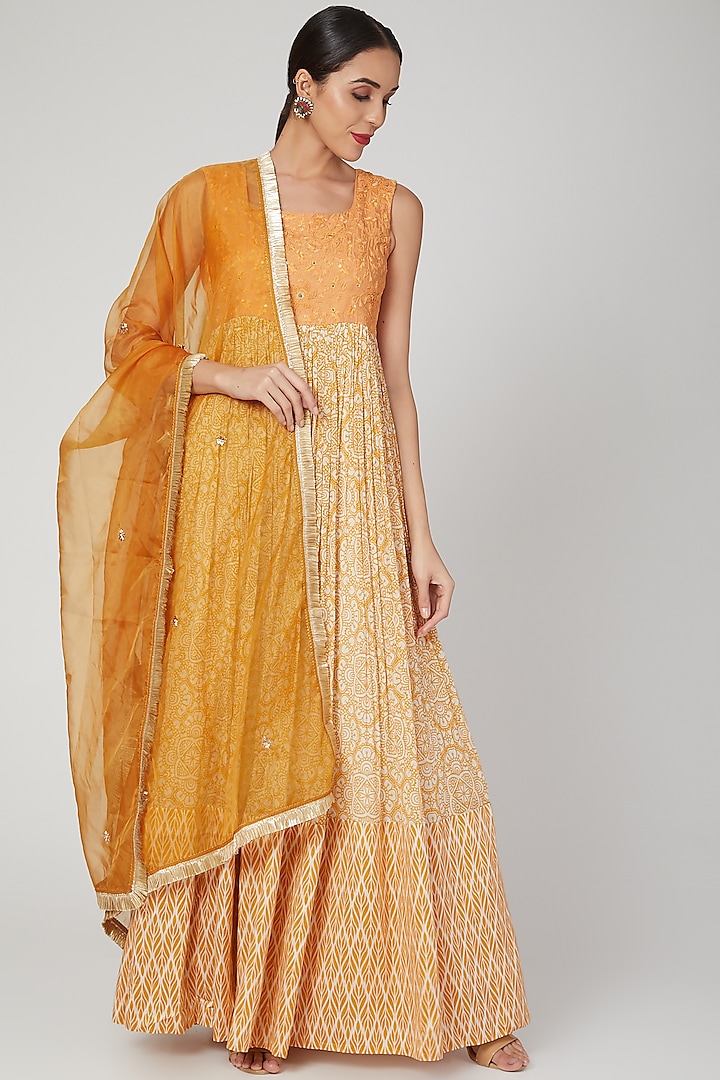 Mustard Embroidered Anarkali With Dupatta by Suave by Neha & Shreya