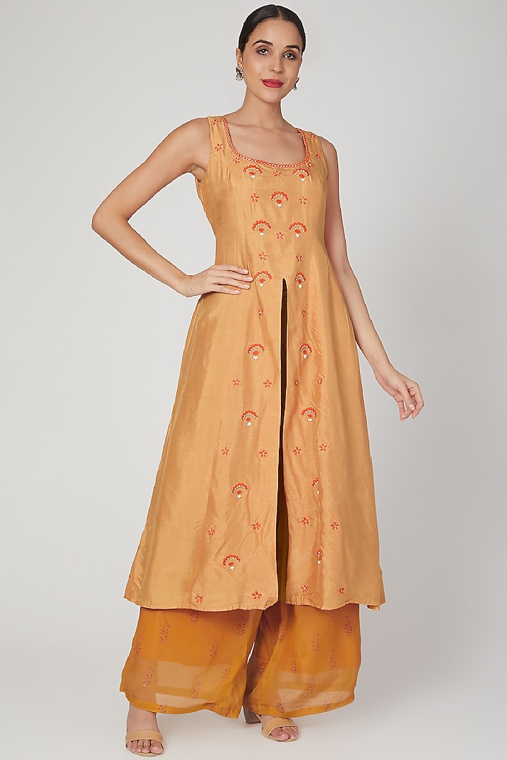 Mustard Hand Embroidered Kurta With Printed Pants by Suave by Neha & Shreya