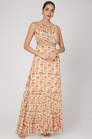 Beige Floral Printed Anarkali With Belt  by Suave by Neha & Shreya