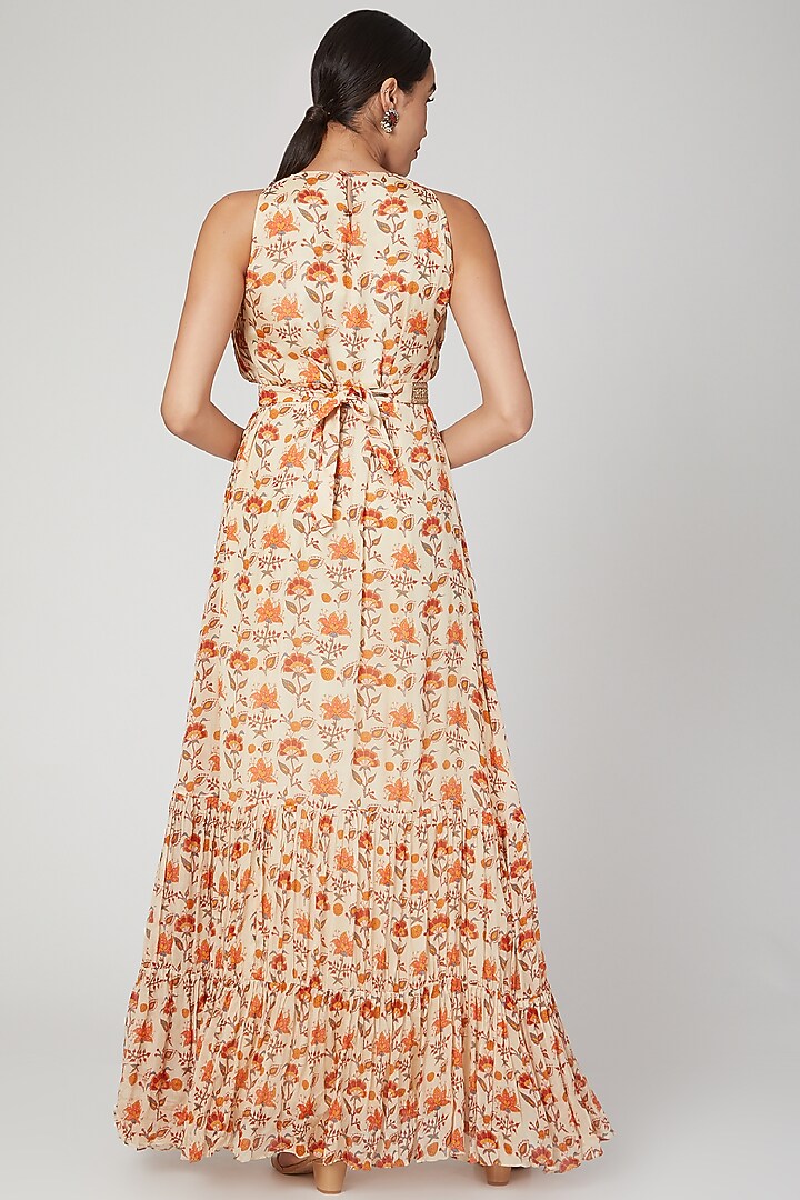 Beige Floral Printed Anarkali With Belt  by Suave by Neha & Shreya at Pernia's Pop Up Shop