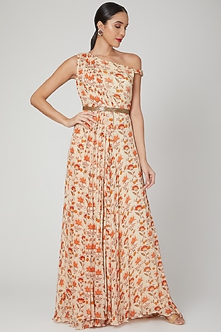 Beige Printed Anarkali With Belt by Suave by Neha & Shreya