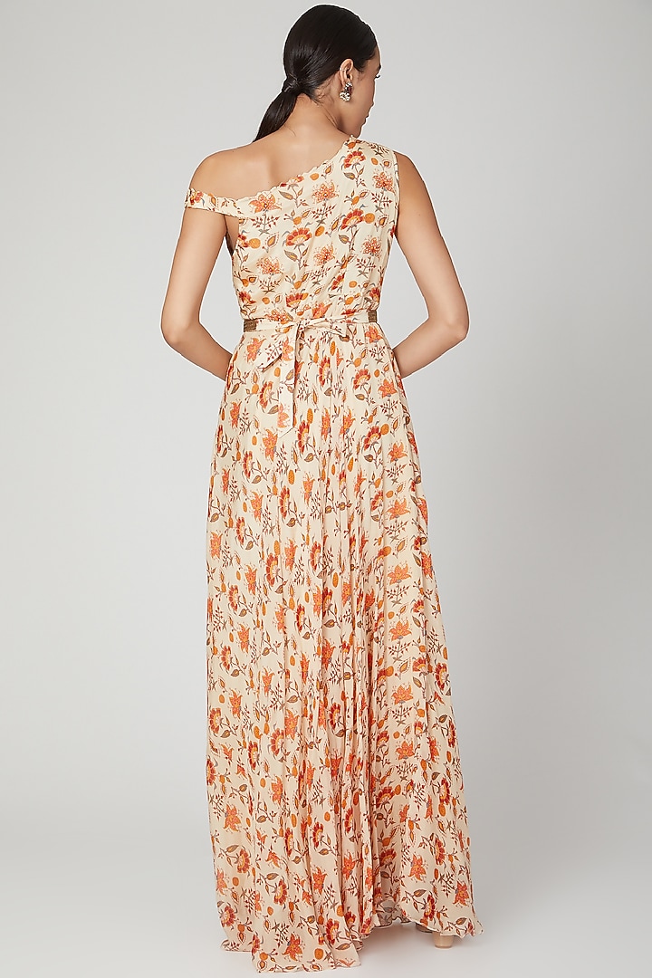 Beige Printed Anarkali With Belt by Suave by Neha & Shreya at Pernia's Pop Up Shop