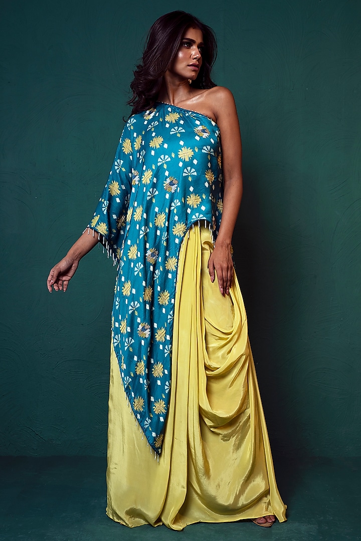 Lime Green Crepe Draped Skirt Set by Suave by Neha & Shreya