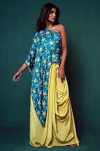 Lime Green Crepe Draped Skirt Set by Suave by Neha & Shreya