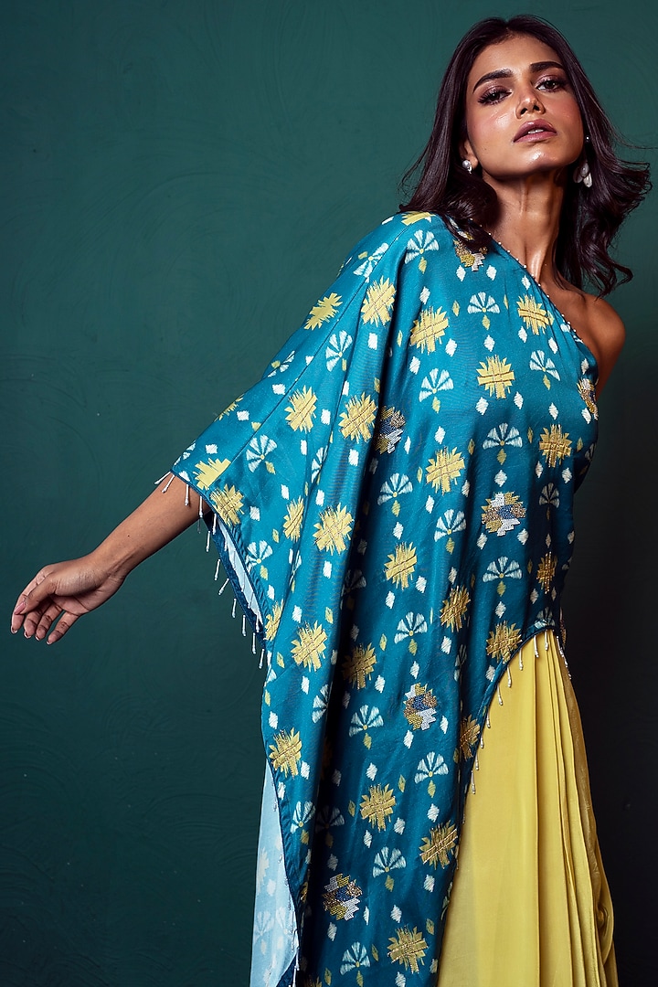 Lime Green Crepe Draped Skirt Set by Suave by Neha & Shreya at Pernia's Pop Up Shop