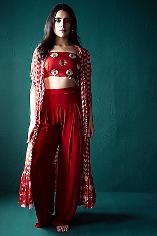Red Chiffon Printed Cape Set by Suave by Neha & Shreya