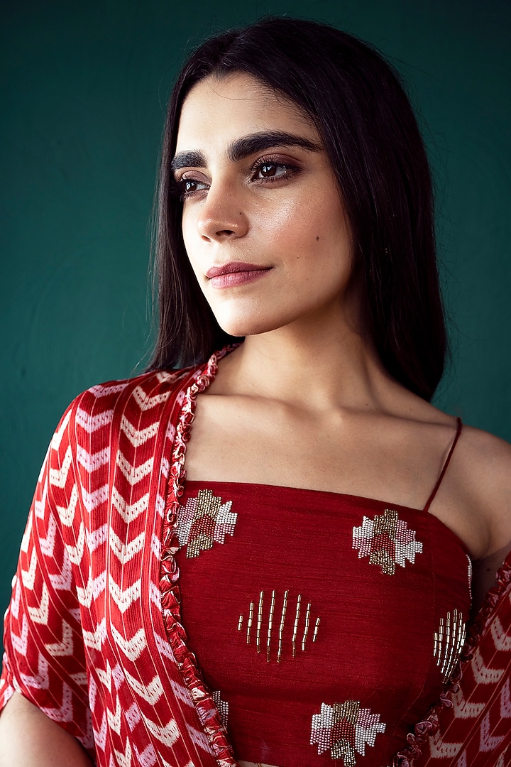 Red Chiffon Printed Cape Set by Suave by Neha & Shreya at Pernia's Pop Up Shop