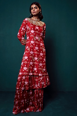 Red Chiffon Printed Sharara Set by Suave by Neha & Shreya