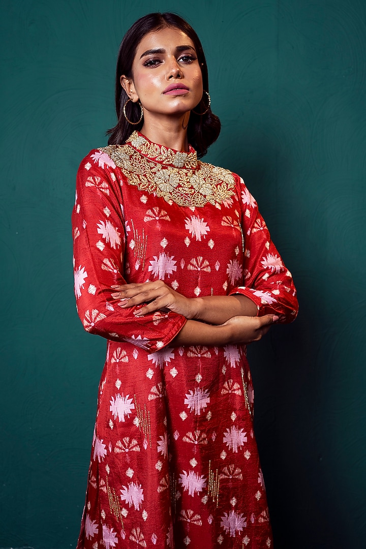 Red Chiffon Printed Party Wear Sharara Set by Suave by Neha & Shreya at Pernia's Pop Up Shop
