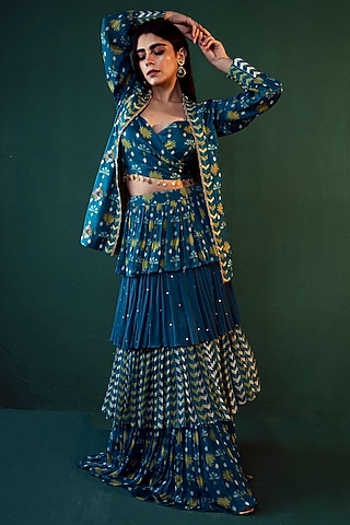 Blue Chiffon Skirt Set by Suave by Neha & Shreya
