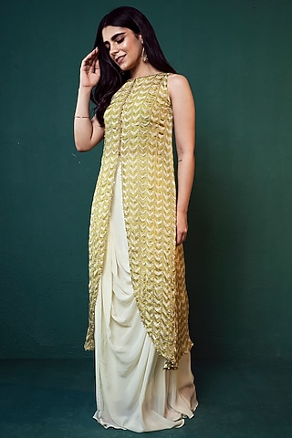 Lime Green Dola Silk Embellished Tunic Set by Suave by Neha & Shreya