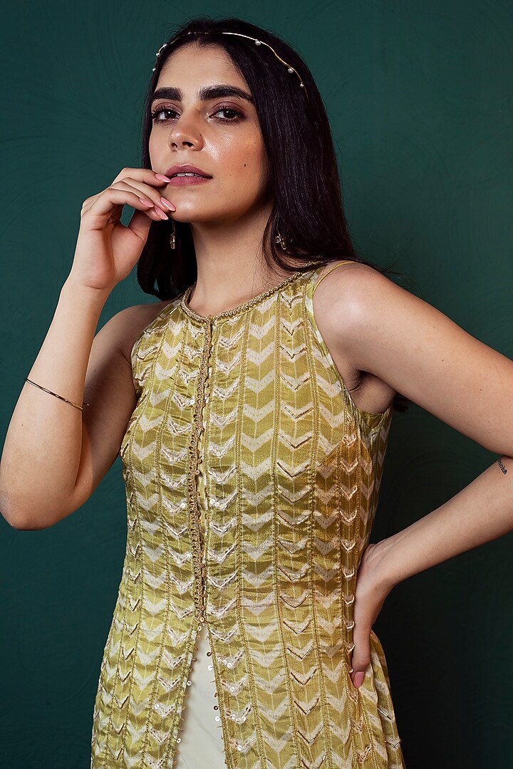 Lime Green Dola Silk Embellished Tunic Set by Suave by Neha & Shreya at Pernia's Pop Up Shop