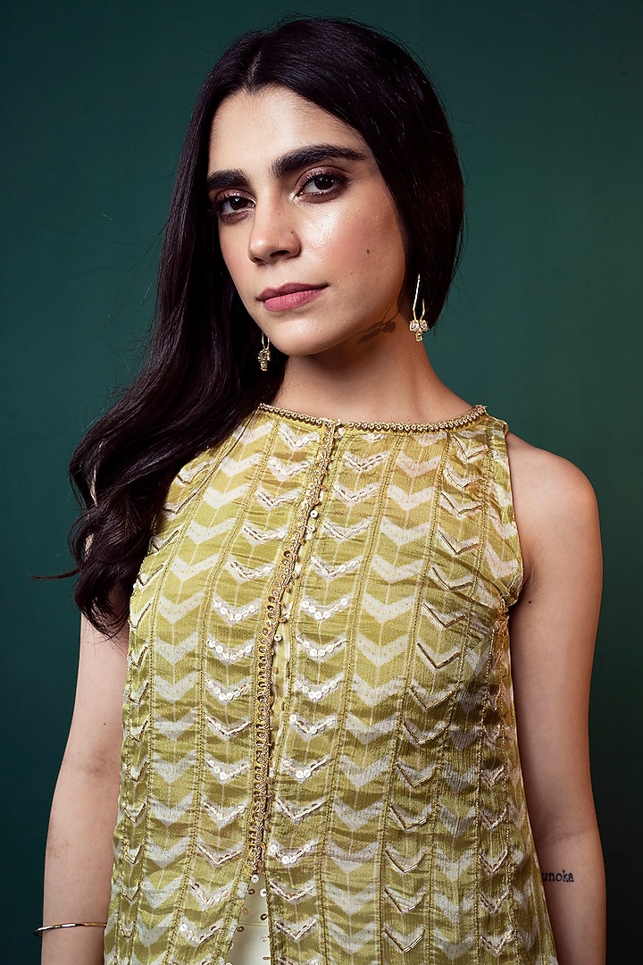 Lime Green Dola Silk Embellished Tunic Set by Suave by Neha & Shreya at Pernia's Pop Up Shop
