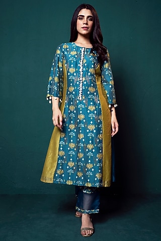 Blue Chanderi Printed Kurta Set by Suave by Neha & Shreya