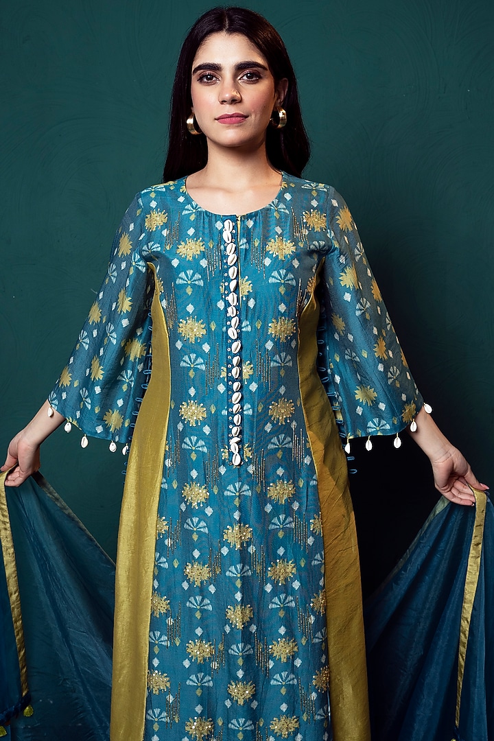 Blue Chanderi Printed Kurta Set by Suave by Neha & Shreya at Pernia's Pop Up Shop