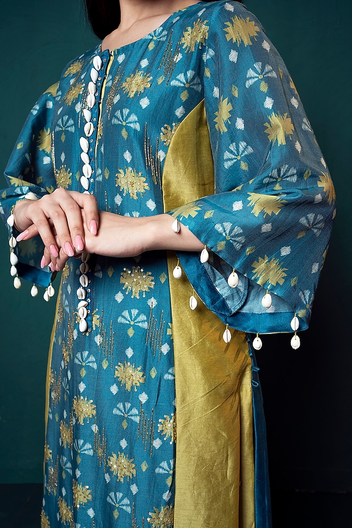 Blue Chanderi Printed Kurta Set by Suave by Neha & Shreya at Pernia's Pop Up Shop