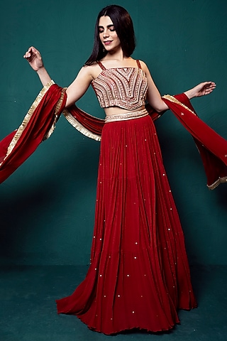 Red Chiffon Tiered Lehenga Set by Suave by Neha & Shreya
