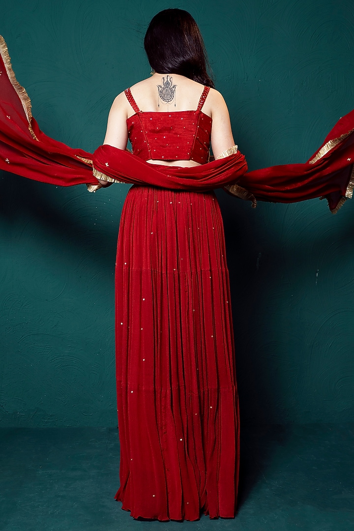 Red Chiffon Tiered Lehenga Set by Suave by Neha & Shreya at Pernia's Pop Up Shop