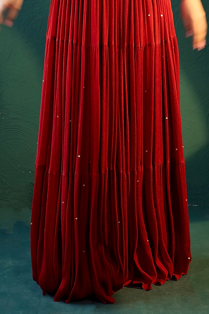 Red Chiffon Tiered Lehenga Set by Suave by Neha & Shreya at Pernia's Pop Up Shop