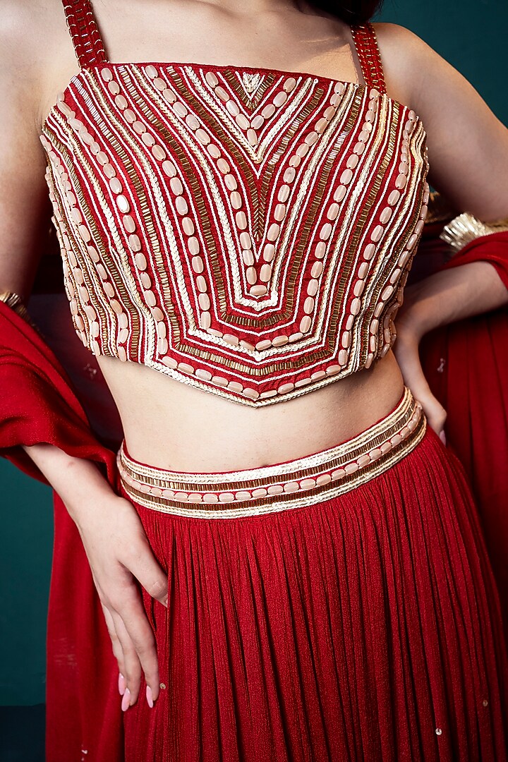 Red Chiffon Tiered Lehenga Set by Suave by Neha & Shreya at Pernia's Pop Up Shop