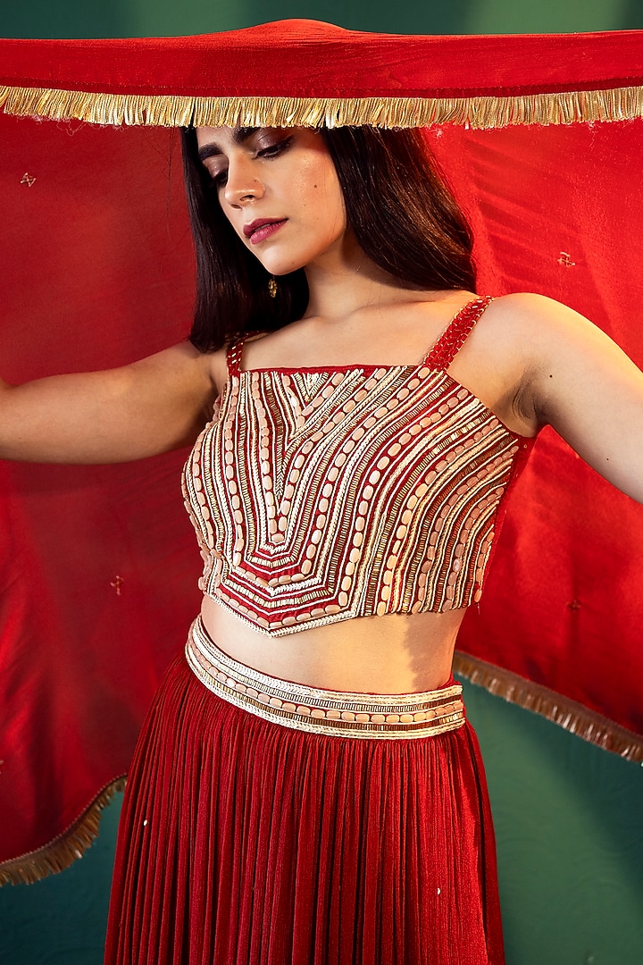 Red Chiffon Tiered Lehenga Set by Suave by Neha & Shreya at Pernia's Pop Up Shop