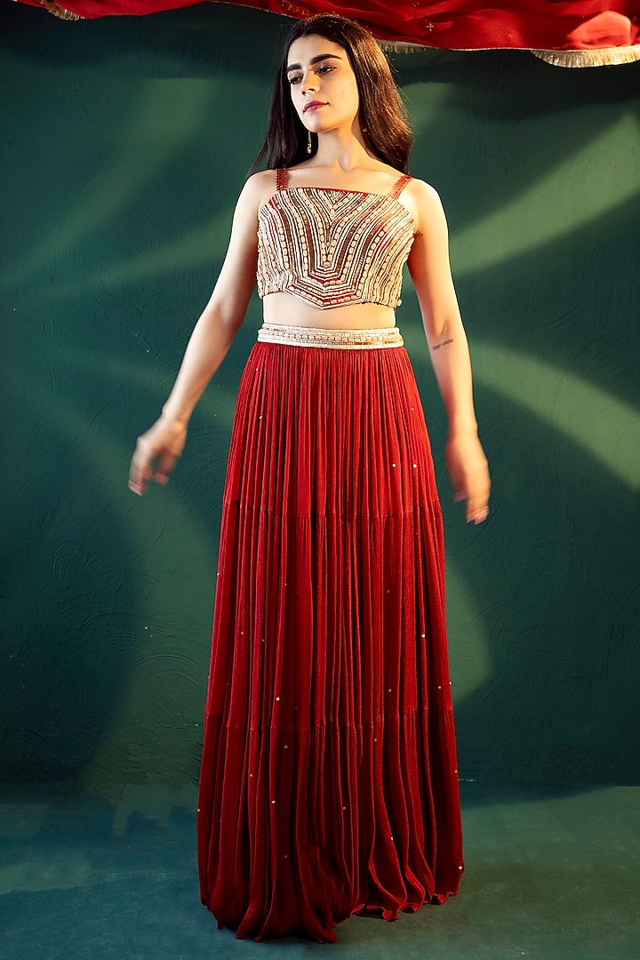 Red Chiffon Tiered Lehenga Set by Suave by Neha & Shreya at Pernia's Pop Up Shop