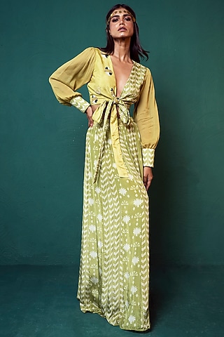 Lime Green Crepe Skirt Set by Suave by Neha & Shreya