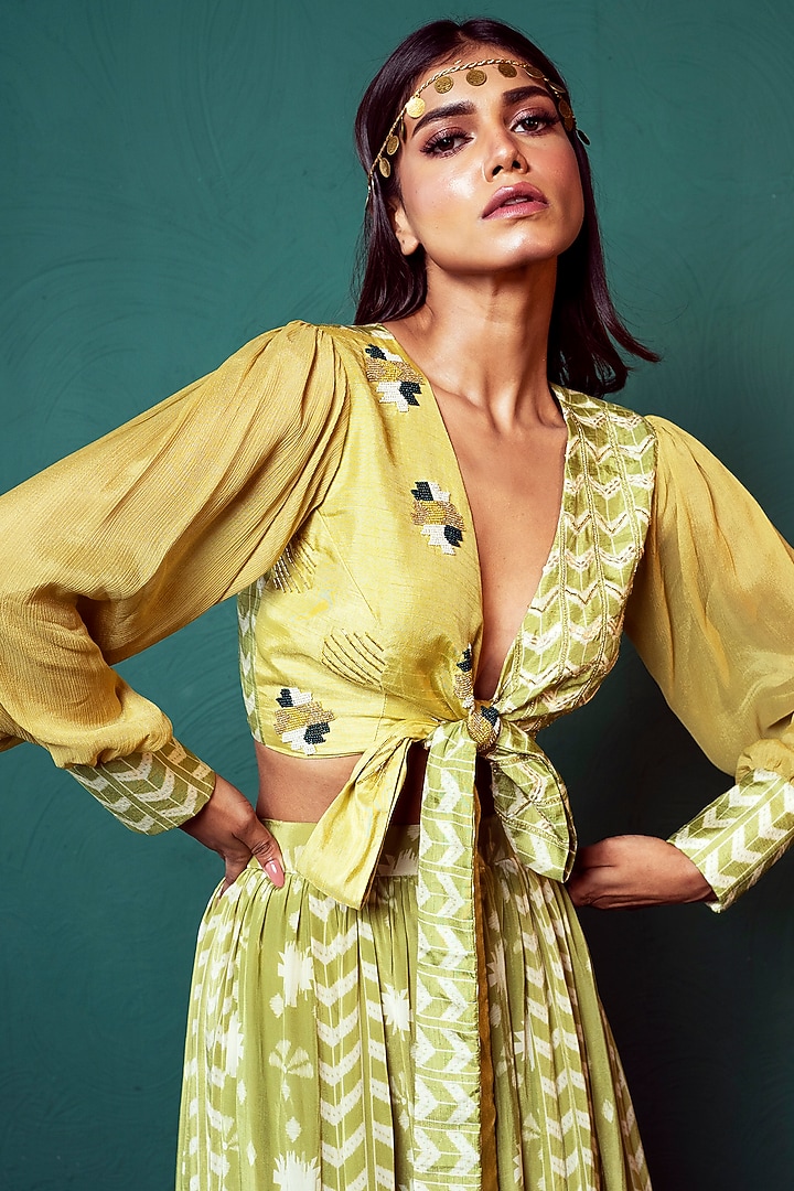 Lime Green Crepe Skirt Set by Suave by Neha & Shreya at Pernia's Pop Up Shop