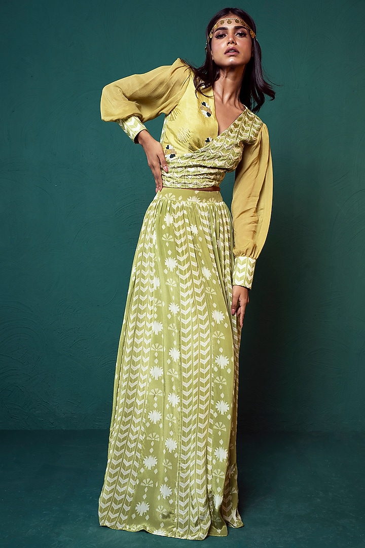 Lime Green Crepe Skirt Set by Suave by Neha & Shreya at Pernia's Pop Up Shop