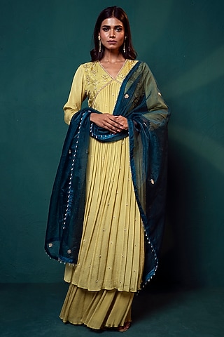Lime Green Chiffon Sharara Set by Suave by Neha & Shreya