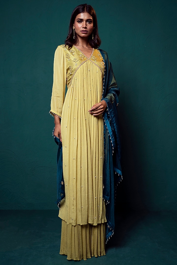 Lime Green Chiffon Party Wear Sharara Set by Suave by Neha & Shreya at Pernia's Pop Up Shop