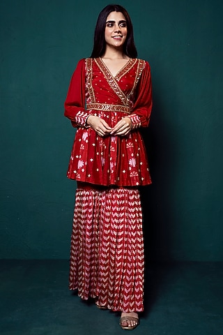 Red Chiffon Printed Sharara Set by Suave by Neha & Shreya