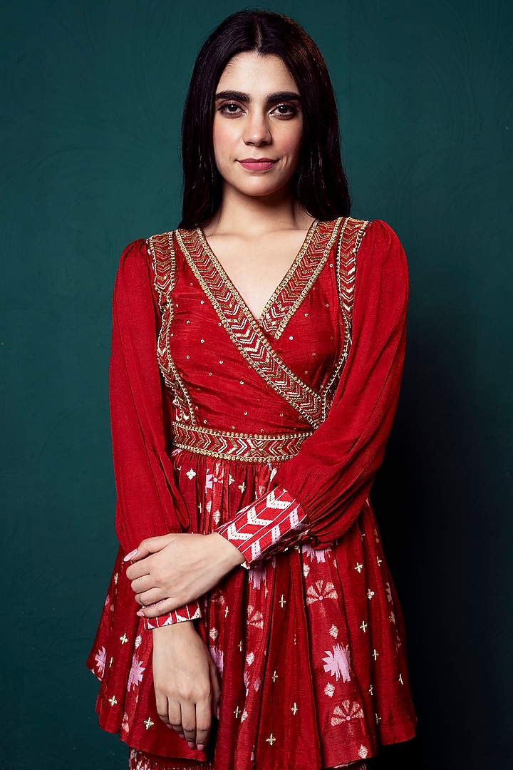 Red Chiffon Printed Party Wear Sharara Set by Suave by Neha & Shreya at Pernia's Pop Up Shop
