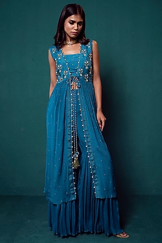 Blue Chiffon Sharara Set by Suave by Neha & Shreya