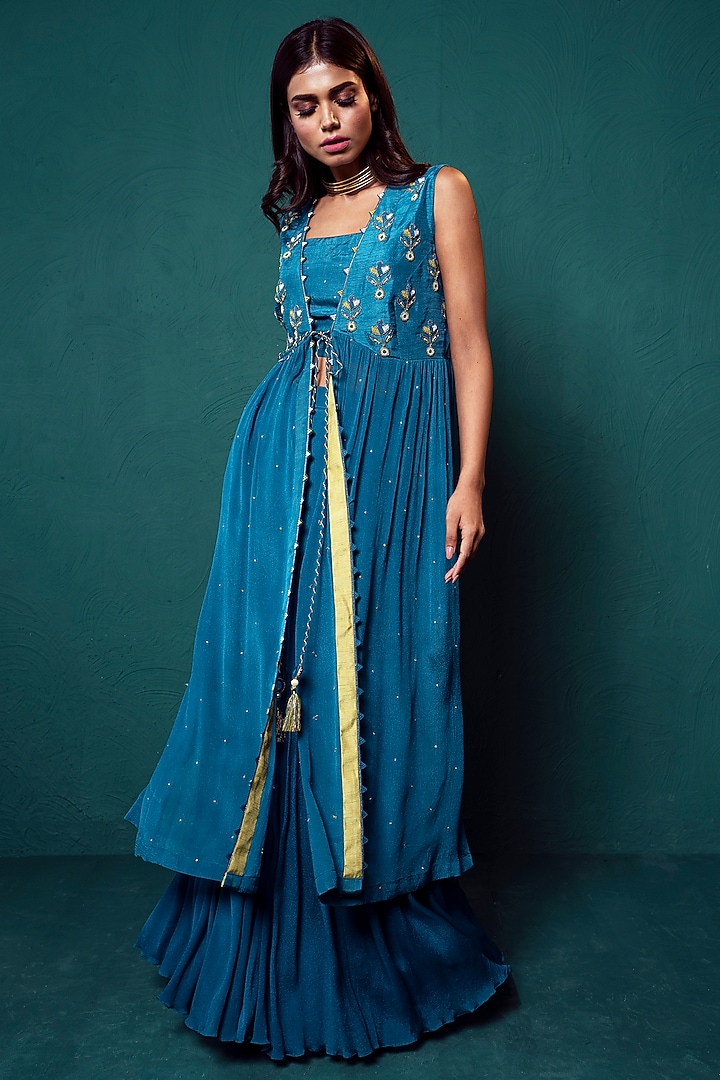 Blue Chiffon Party Wear Sharara Set by Suave by Neha & Shreya at Pernia's Pop Up Shop