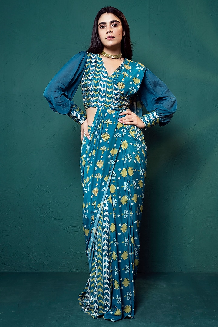 Blue Crepe Digital Printed Pre-Draped Saree Set by Suave by Neha & Shreya