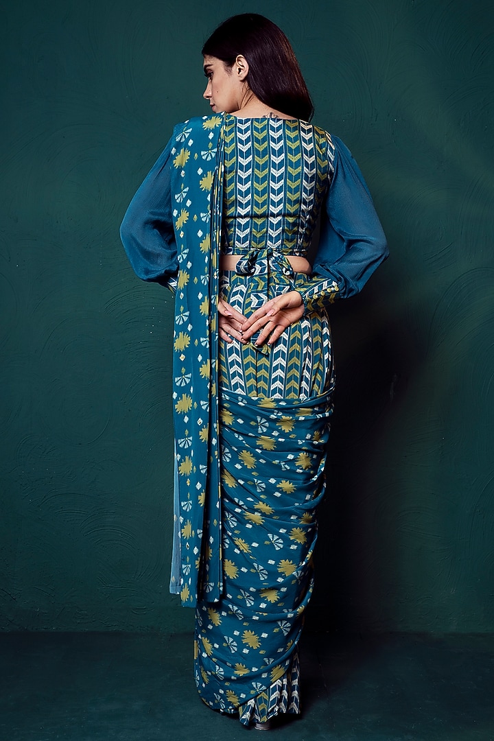 Blue Crepe Digital Printed Pre-Draped Party Wear Saree Set by Suave by Neha & Shreya at Pernia's Pop Up Shop