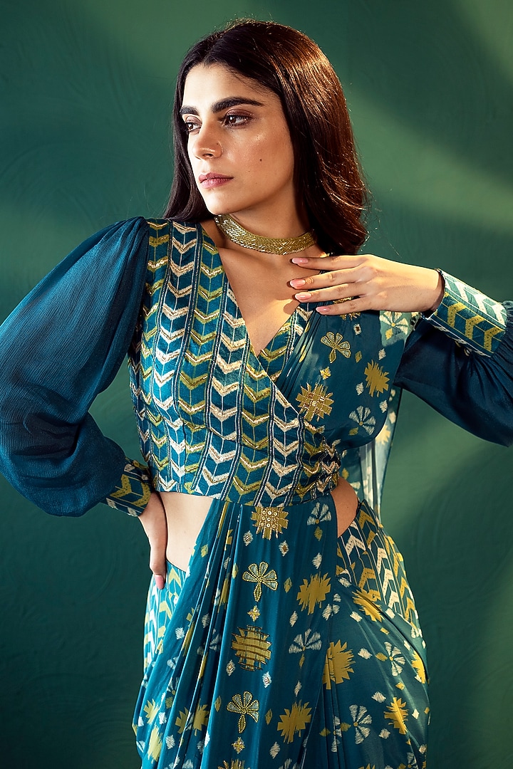 Blue Crepe Digital Printed Pre-Draped Party Wear Saree Set by Suave by Neha & Shreya at Pernia's Pop Up Shop