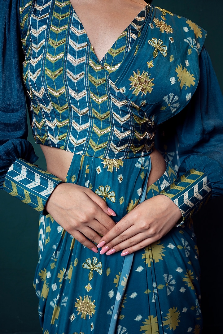 Blue Crepe Digital Printed Pre-Draped Party Wear Saree Set by Suave by Neha & Shreya at Pernia's Pop Up Shop