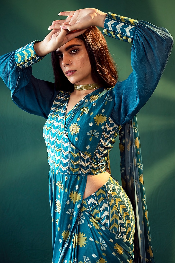 Blue Crepe Digital Printed Pre-Draped Party Wear Saree Set by Suave by Neha & Shreya at Pernia's Pop Up Shop