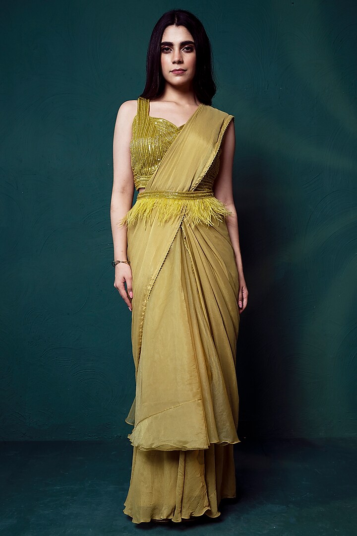 Lime Green Chiffon & Organza Pre-Draped Saree Set by Suave by Neha & Shreya