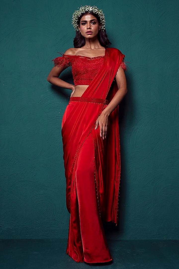 Red Satin Silk Embroidered Pre-Draped Saree Set by Suave by Neha & Shreya