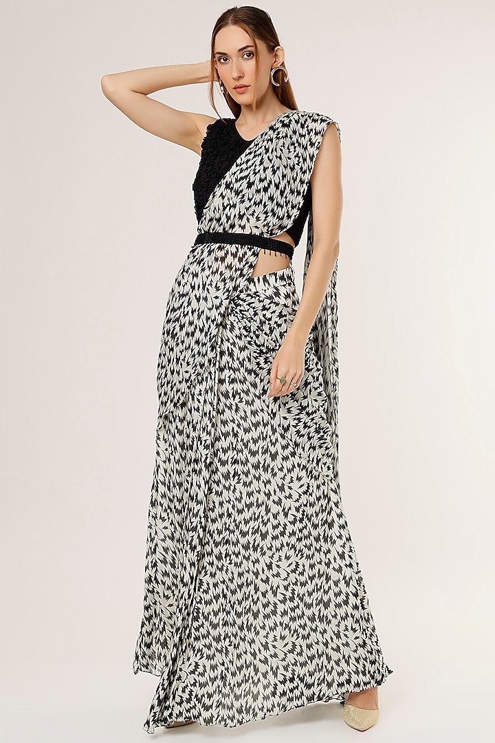 Black Chinon Chiffon Digital Printed Pre-Draped Party Wear Saree Set by Suave by Neha & Shreya at Pernia's Pop Up Shop