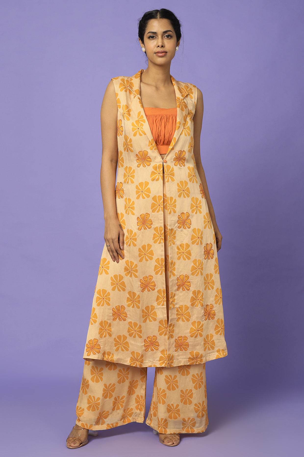 Yellow Printed Jacket Set by Suave By Neha & Shreya