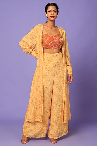 Yellow Printed Jacket Set by Suave By Neha & Shreya