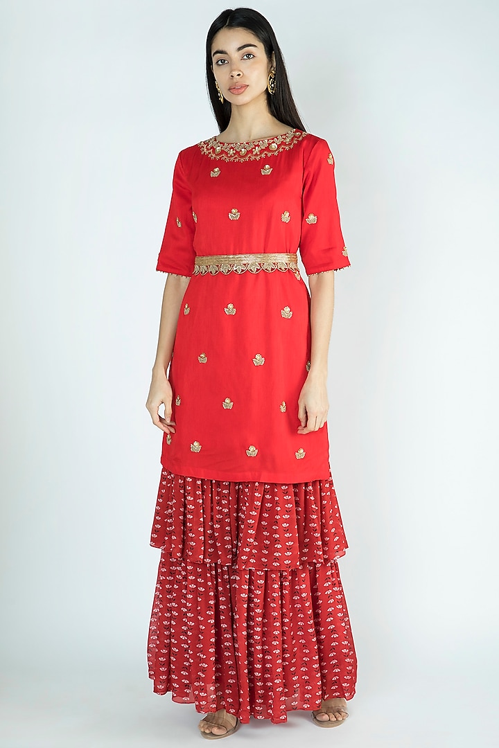 Red Printed Embroidered Kurta With Sharara Pants by Suave by Neha & Shreya