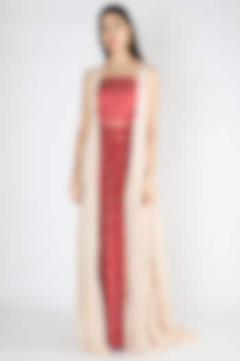 Red Embroidered Printed Top With Skirt & Jacket by Suave by Neha & Shreya at Pernia's Pop Up Shop